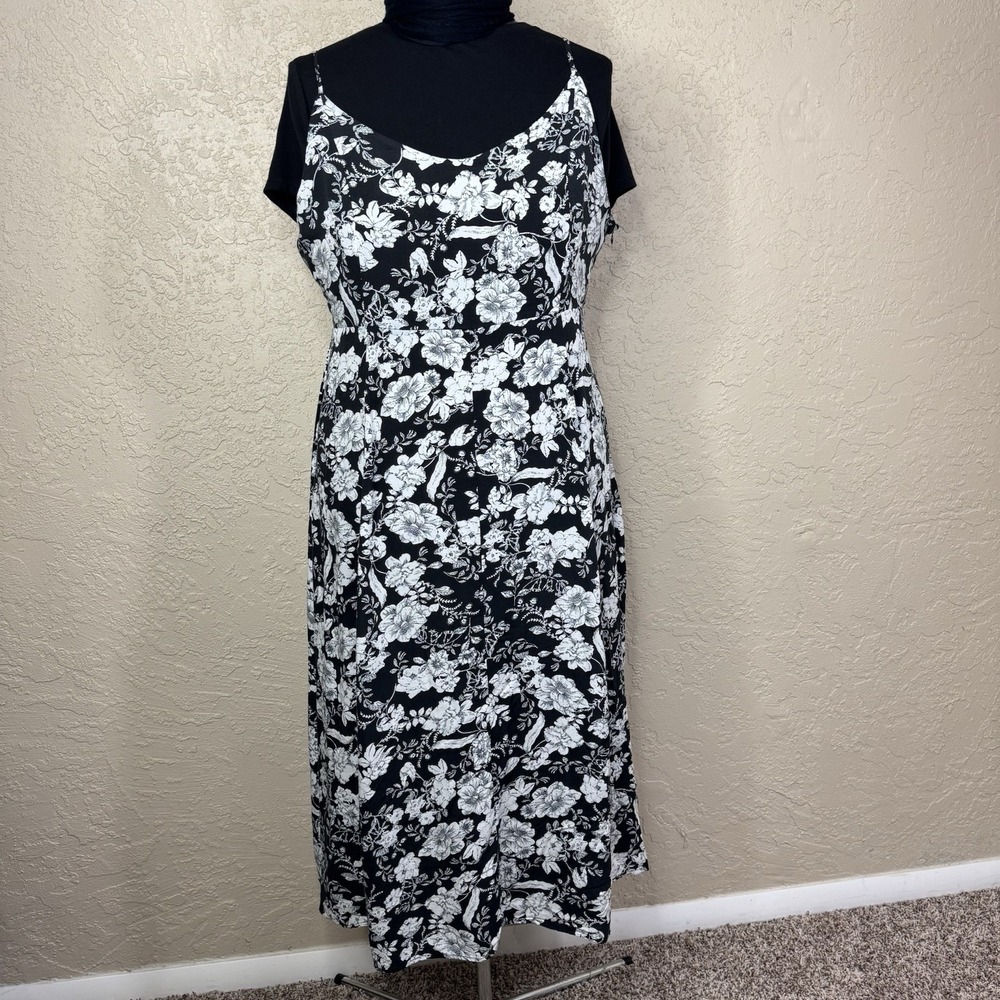 Zenobia Floral Midi SunDress Womens 3x Adjustable Spaghetti Strap B&W Boho Beach